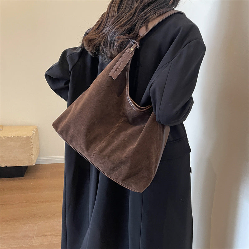 Retro Suede Bucket Bag for Women — Large Capacity European Style Shoulder Tote