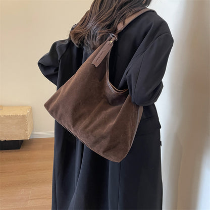Retro Suede Bucket Bag for Women — Large Capacity European Style Shoulder Tote