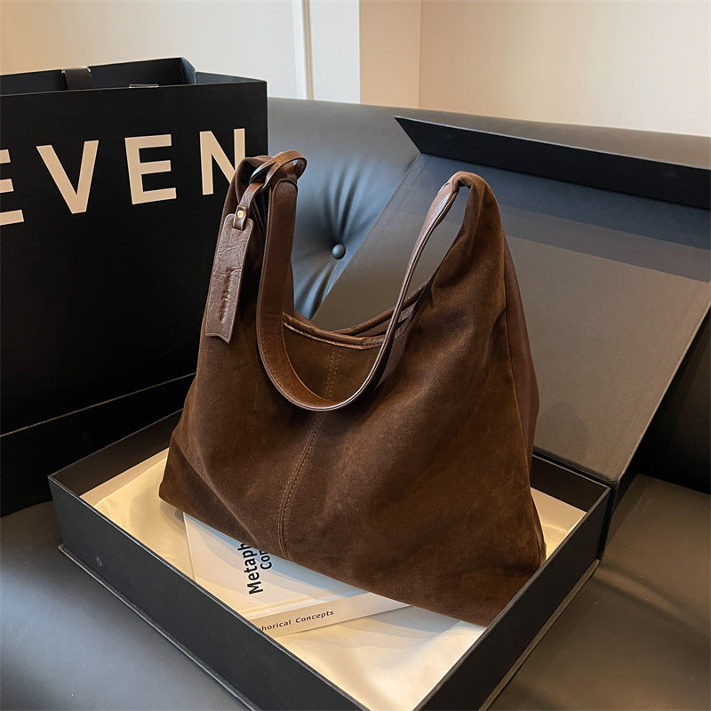 Retro Suede Bucket Bag for Women — Large Capacity European Style Shoulder Tote