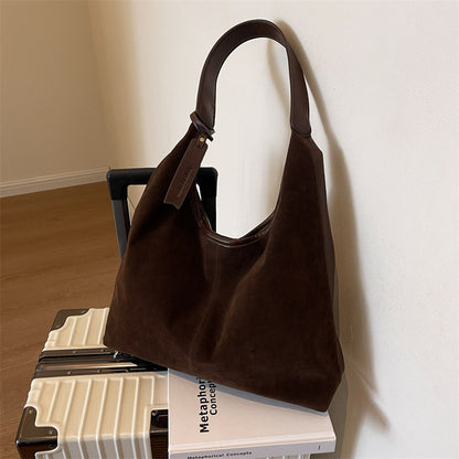 Retro Suede Bucket Bag for Women — Large Capacity European Style Shoulder Tote