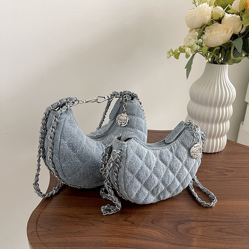 High-Grade Denim Rhombic Chain Crossbody Bag — Quilted Dumpling Style | Women
