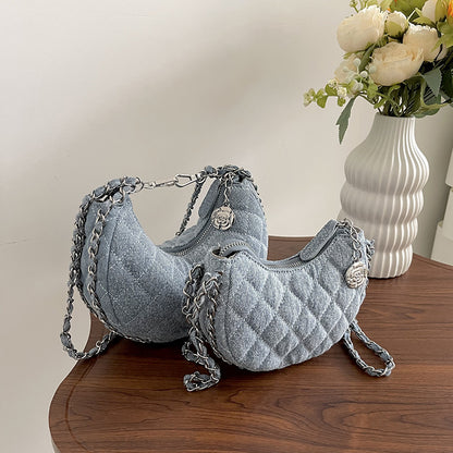 High-Grade Denim Rhombic Chain Crossbody Bag — Quilted Dumpling Style | Women