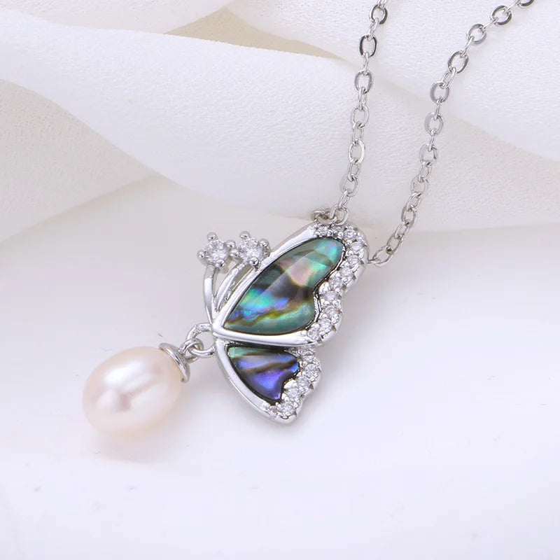 Natural Freshwater Pearl Butterfly & Abalone Shell Jewelry Set | Necklace, Ring & Earrings