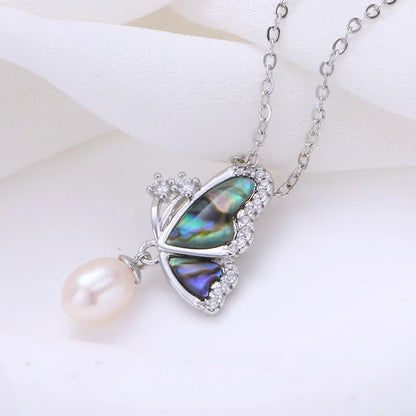 Natural Freshwater Pearl Butterfly & Abalone Shell Jewelry Set | Necklace, Ring & Earrings