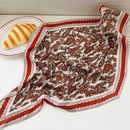 New Floral Print Pleated Silk Scarf Square Neck Scarves Crinkle Hair Bands Scarf Bandana Satin Hijab Head Wraps Neckerchief