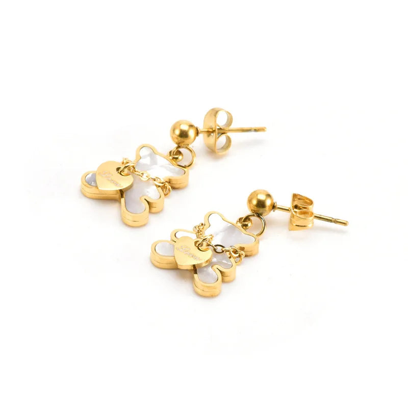 White Shell Cute Little Bear Peach Heart Stainless Steel Jewelry Set Necklace Earrings Bracelet or women