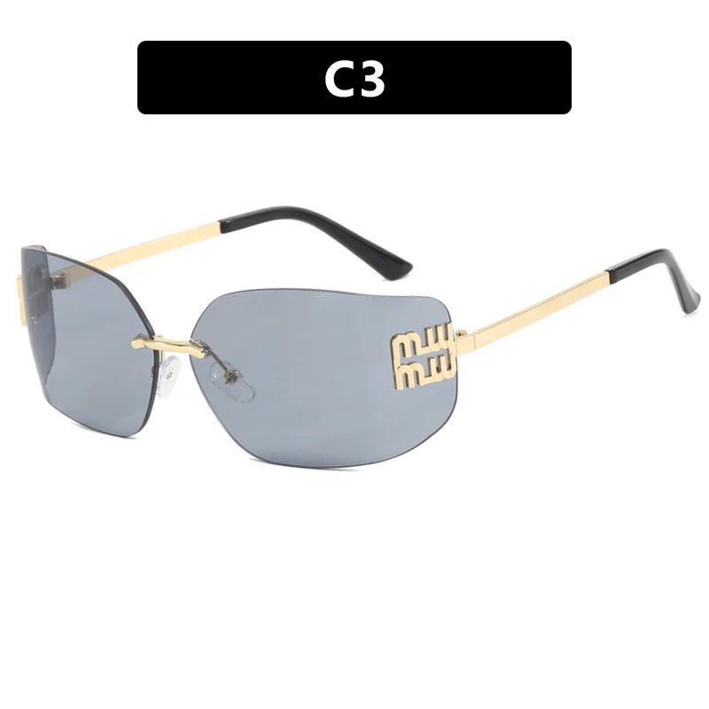 1pc Classic Sun Glasses Female Funky Metal Luxury Rimless Sunglasses Women BrandDesigner Rivets Rectangle Gradient Curved Shades