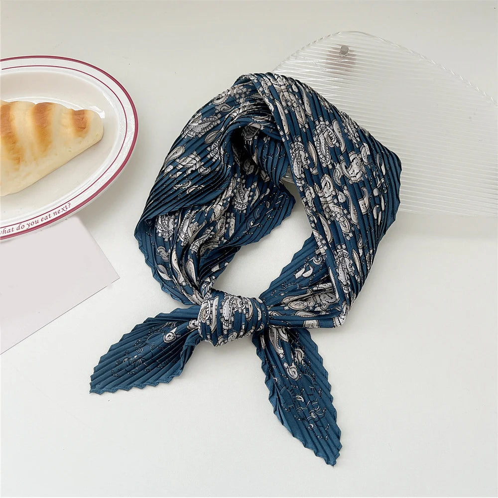 New Floral Print Pleated Silk Scarf Square Neck Scarves Crinkle Hair Bands Scarf Bandana Satin Hijab Head Wraps Neckerchief