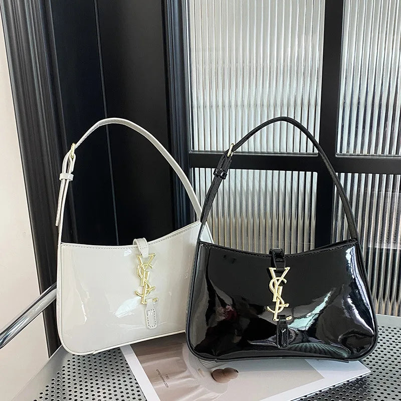 Glossy Leather Underarm Bag, Fashion Shoulder Purse for Women, Versatile Top Handle Tote Chic  Minimalist Crossbody Bag