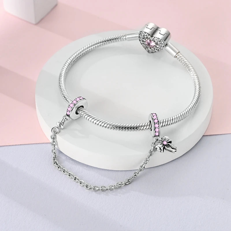 925 Sterling Silver Heart, Infinity & Triple Jewel Safety Chain Charm | Fits Pandora & Most Bracelets