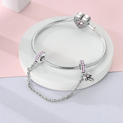 925 Sterling Silver Heart, Infinity & Triple Jewel Safety Chain Charm | Fits Pandora & Most Bracelets