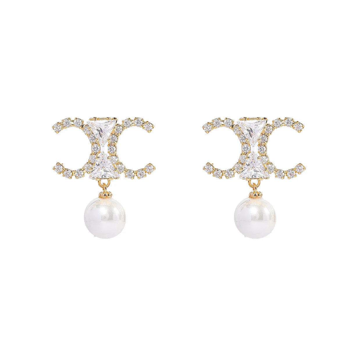 925 Silver Needle Luxury Double C Gemstone Pearl Drop Earrings, Elegant Daily Wear Statement Jewelry Gift for Women