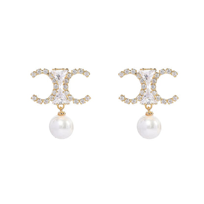 925 Silver Needle Luxury Double C Gemstone Pearl Drop Earrings, Elegant Daily Wear Statement Jewelry Gift for Women