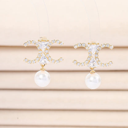 925 Silver Needle Luxury Double C Gemstone Pearl Drop Earrings, Elegant Daily Wear Statement Jewelry Gift for Women