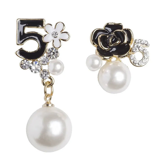 black rose pearl number 5 flower earrings enamel fashion camellia studs