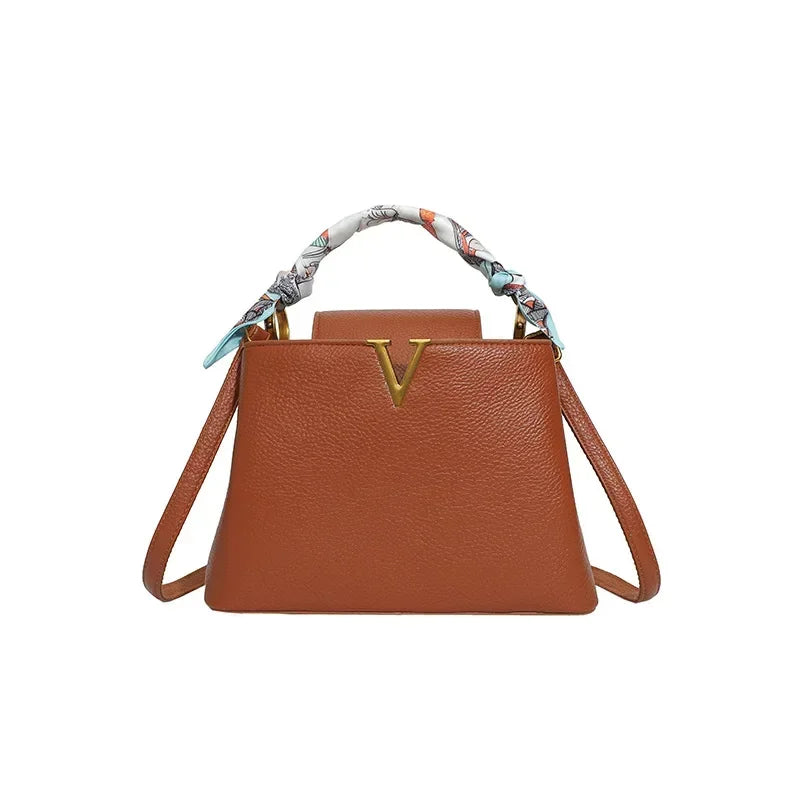 Luxury Ladies Crossbody Bag - Litchi Texture Leather with Silk Scarf