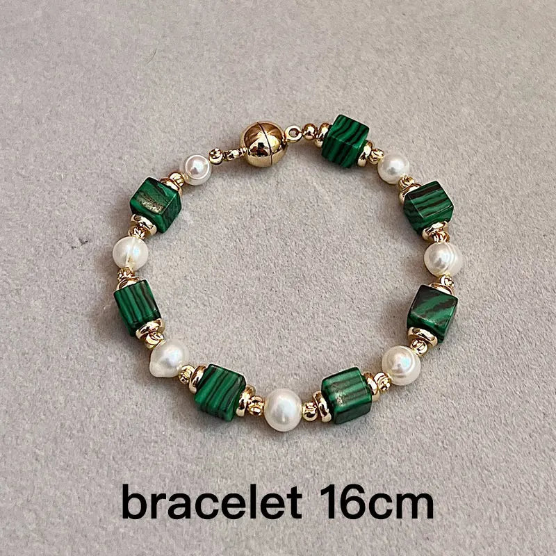 Natural Freshwater Pearl & Synthetic Malachite Jewelry | 14K Gold Plated Necklace, Bracelet & Earrings | Vintage Style