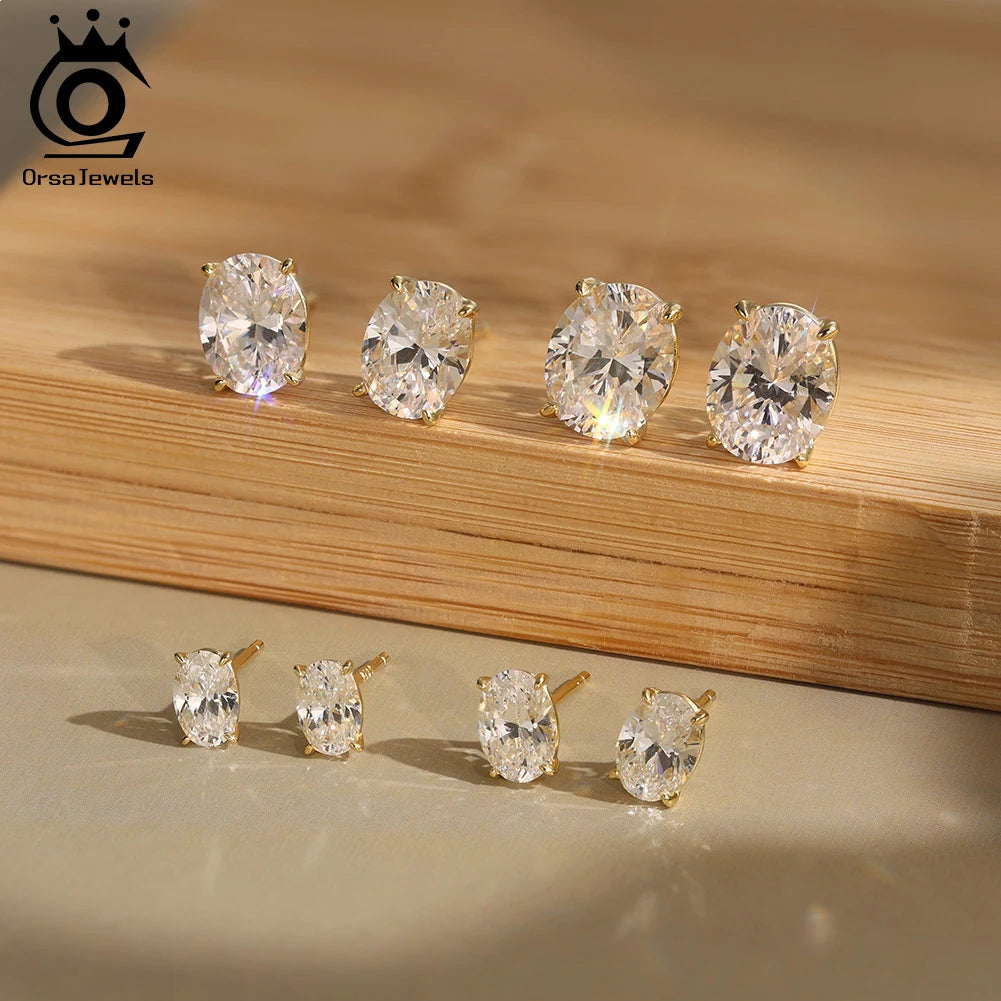 ORSA JEWELS 925 Sterling Silver Oval Zirconia Stud Earrings | 8A Premium Cubic Zirconia