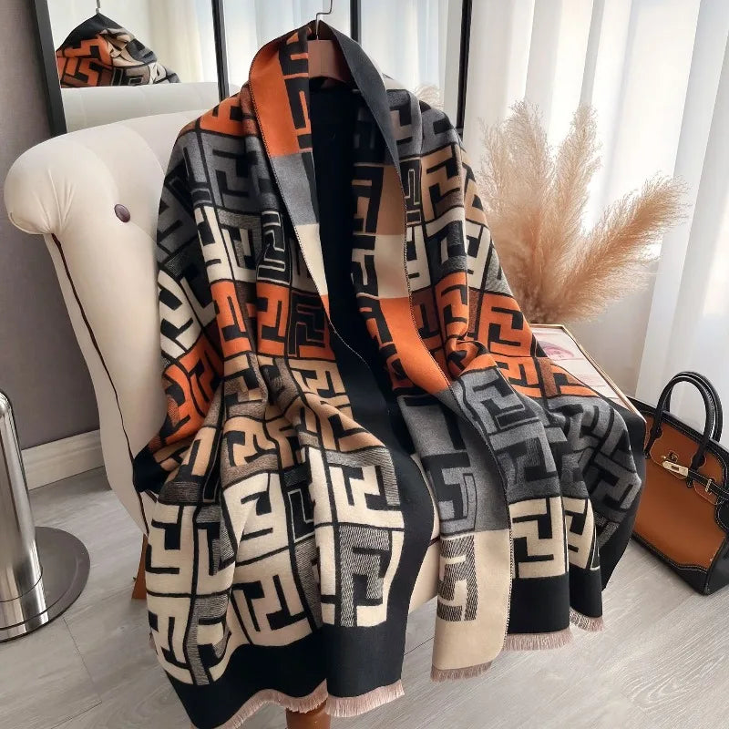 European American Women's Letter Scarf - Vintage Thick Winter Double-Sided Shawl
