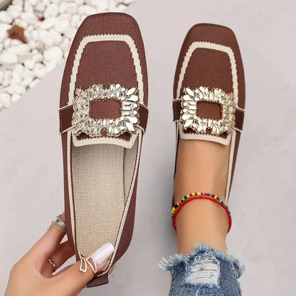 Women's Knitted Square Toe Loafers - Breathable Slip-On Flats