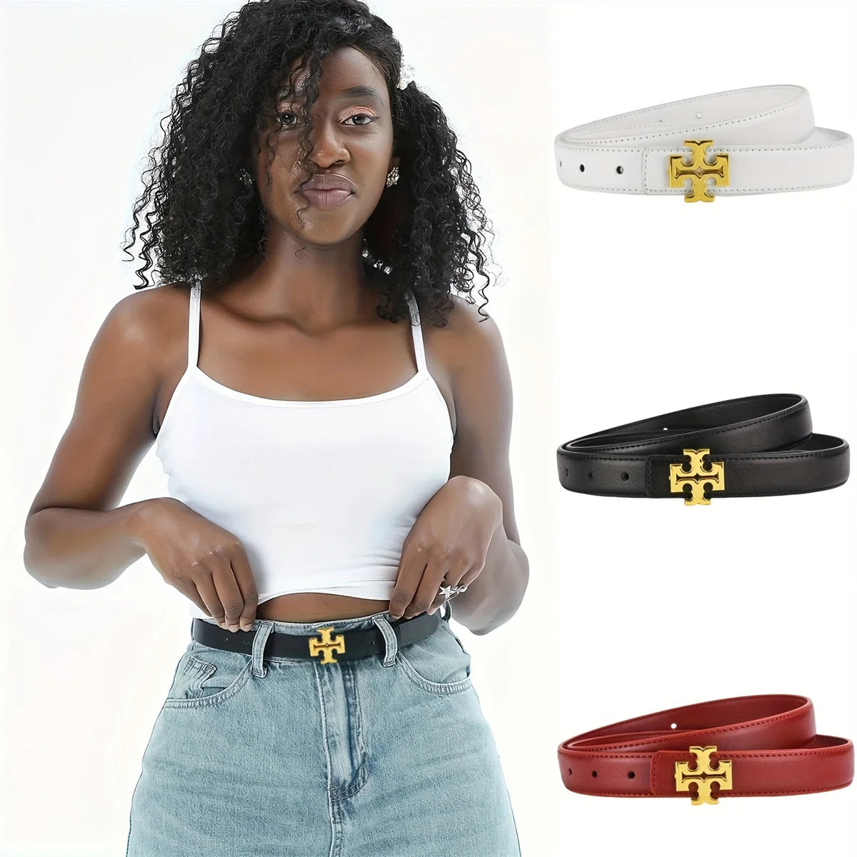 Slim Fit Designer Belt - Metal Letter Buckle Faux Leather Belt for Jeans