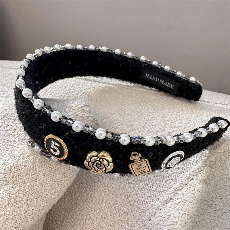 Exquisite Crystal Ball Pearl Number 5 Letter Camellia Headband Women Hair Accessories France Pearl Beaded Hairhoops Headwears