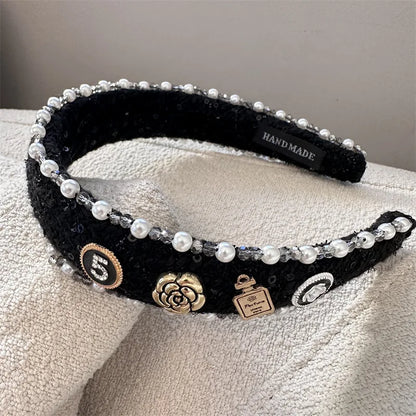 Exquisite Crystal Ball Pearl Number 5 Letter Camellia Headband Women Hair Accessories France Pearl Beaded Hairhoops Headwears