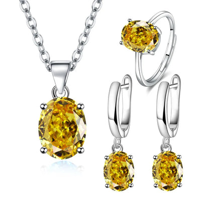 925 Sterling Silver Jewelry Set | Zircon Ring, Earrings & Necklace | Bridal Wedding Gift for Women