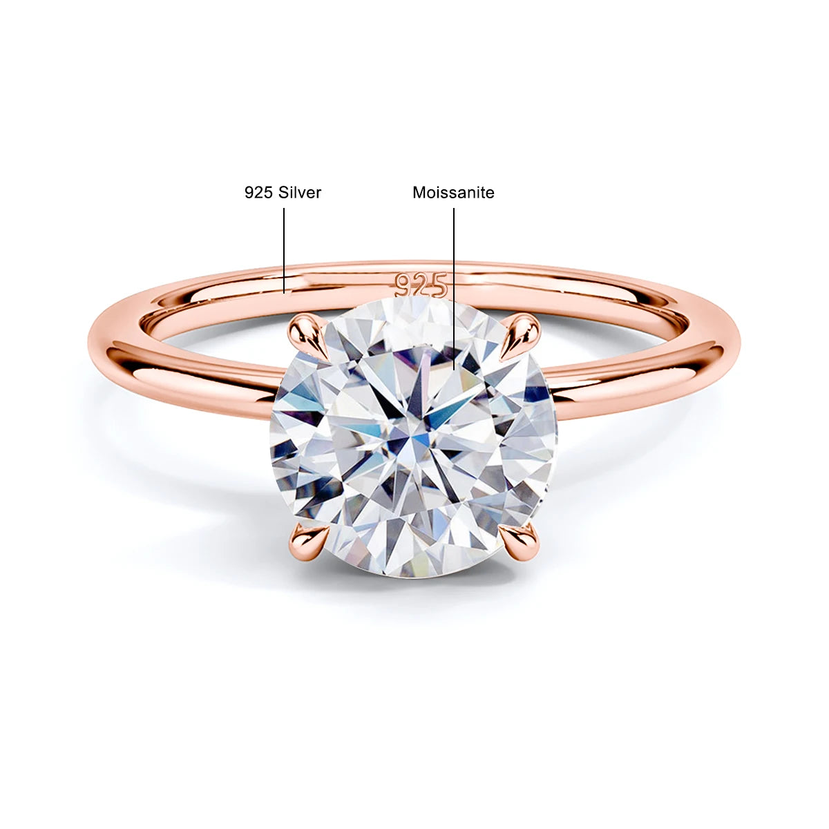 Solitaire Ring - 925 Sterling Silver Rose Gold, Moissanite or Zirconia, 1ct 2ct 3ct 5ct