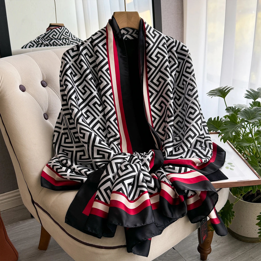 2025 Spring 180*90CM Fashion Dustproof Big Bandanna Popular Satin Finish Silk Shawls Scarves Luxury Print Sunscreen Beach Towel