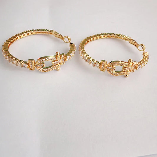 Bohemian Luxury Big Round Zircon Hoop Earrings - 18K Gold Plated Designer Brass Jewelry for Women