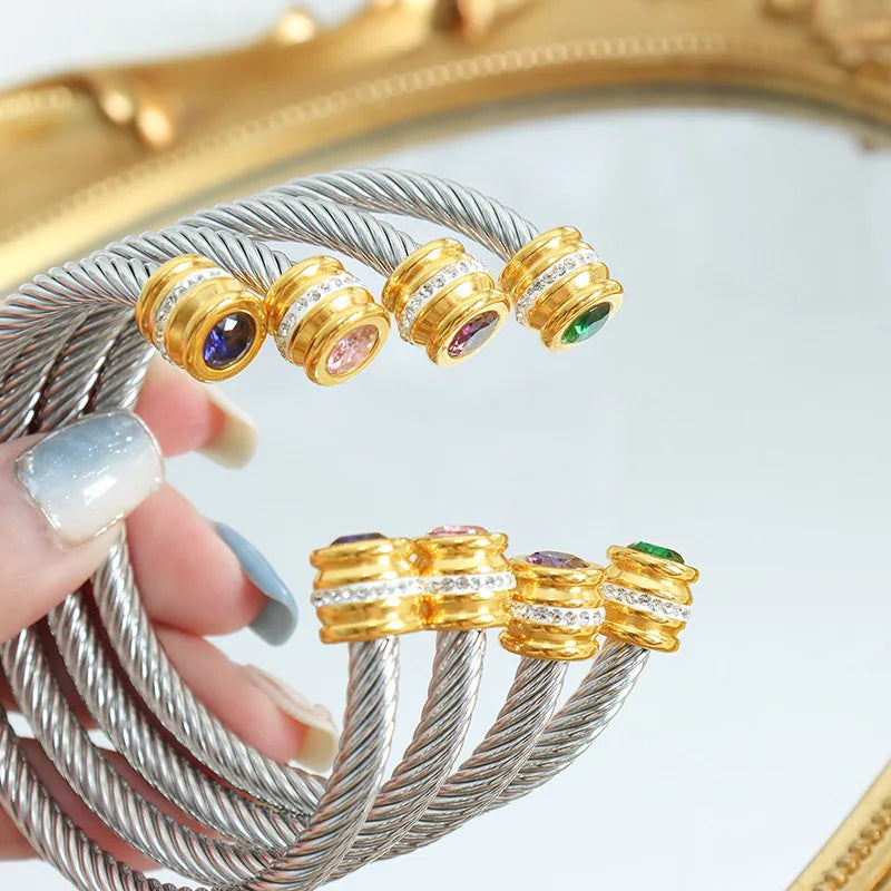 Seven-Color Zircon Bracelet - Titanium Steel European Woven Style Bangle