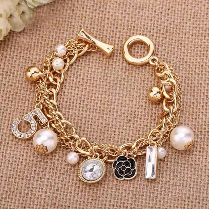 Luxury Multi layer Pearl Bracelets Camellia Flower Number 5 Hand Accessories European Popular Metal Hand Chain Bracelet Jewelry