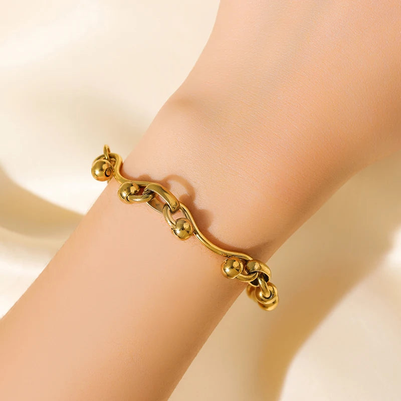 GANEMLY 316L Stainless Steel Metal Gold Color Beads Chain Necklace Bracelet Set For Women Trendy Chains Waterproof Jewelry New