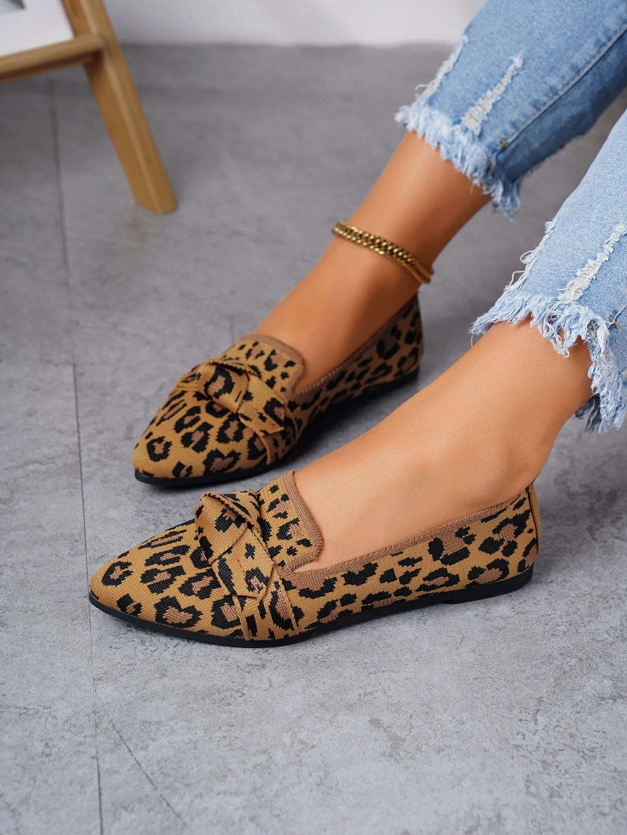 Women's Leopard Print Bow Flats - Shallow Slip-On Shoes
