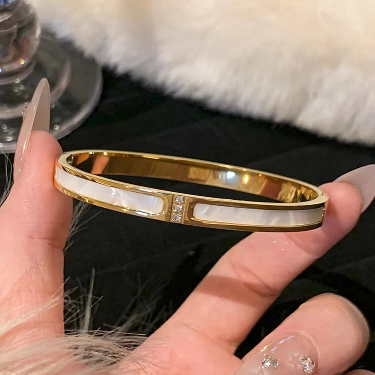 Titanium Steel Gold Bracelet - Classic Zircon Inlaid Bangle for Women