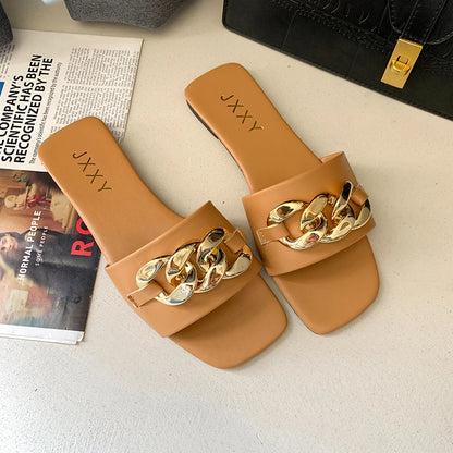 Women's Square Toe Chain Sandals - Metal Detail Flat Slide Flip Flops