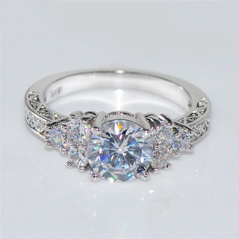 Exquisite Zircon Engagement Ring for Women | Silver Tone Bridal Wedding Jewelry