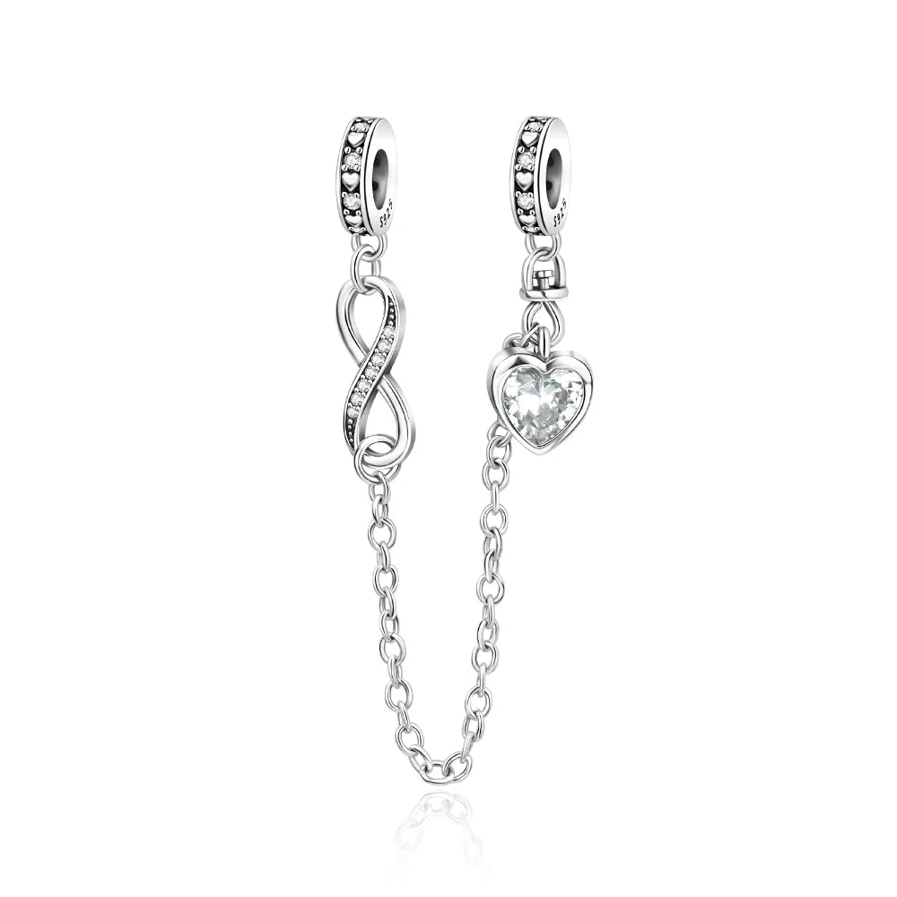925 Sterling Silver Heart, Infinity & Triple Jewel Safety Chain Charm | Fits Pandora & Most Bracelets