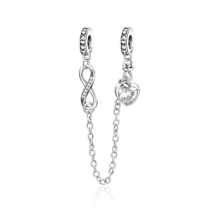 925 Sterling Silver Heart, Infinity & Triple Jewel Safety Chain Charm | Fits Pandora & Most Bracelets