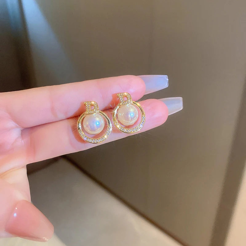 Luxury Zircon Pearl Drop Earrings For Women Girl 2024 Elegant Personality Shiny D Letter Stud Earring Fashion Jewelry