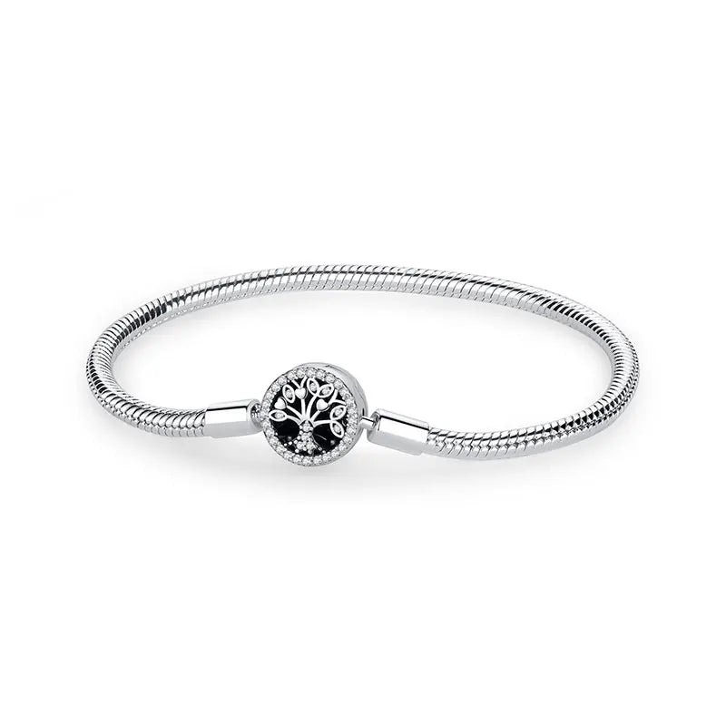 Sterling Silver Rose Gold Heart Charm Bracelet - Snake Chain Bangle