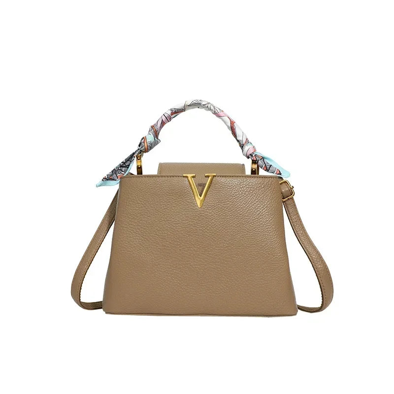 Luxury Ladies Crossbody Bag - Litchi Texture Leather with Silk Scarf
