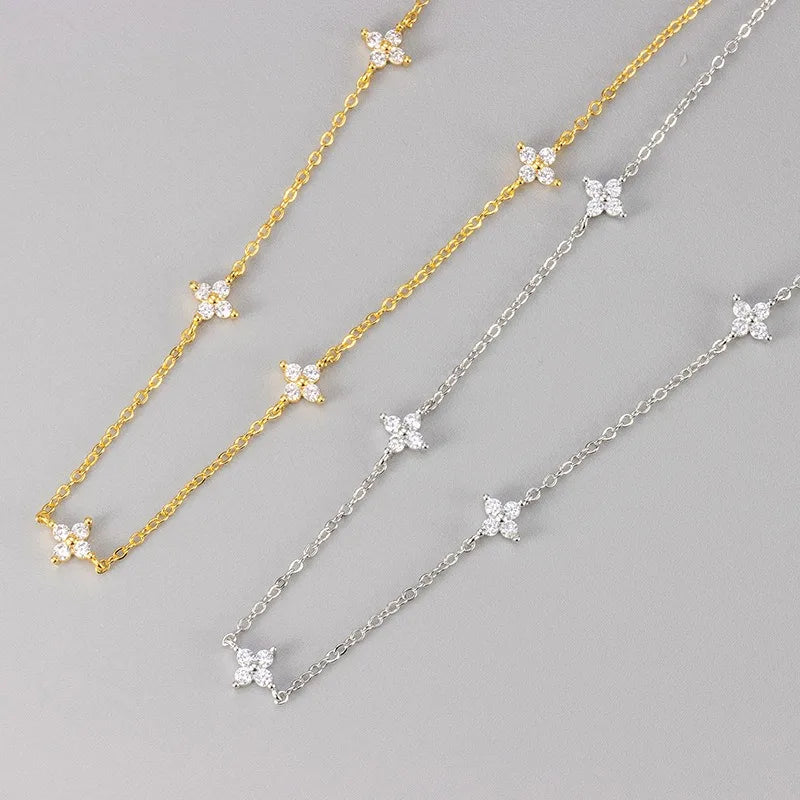 Stainless Steel Zircon Necklaces For Women 18k Gold Plated Four Leaf Grass Crystal Clover Choker Neck Chain Luxury Jewelry Gifts