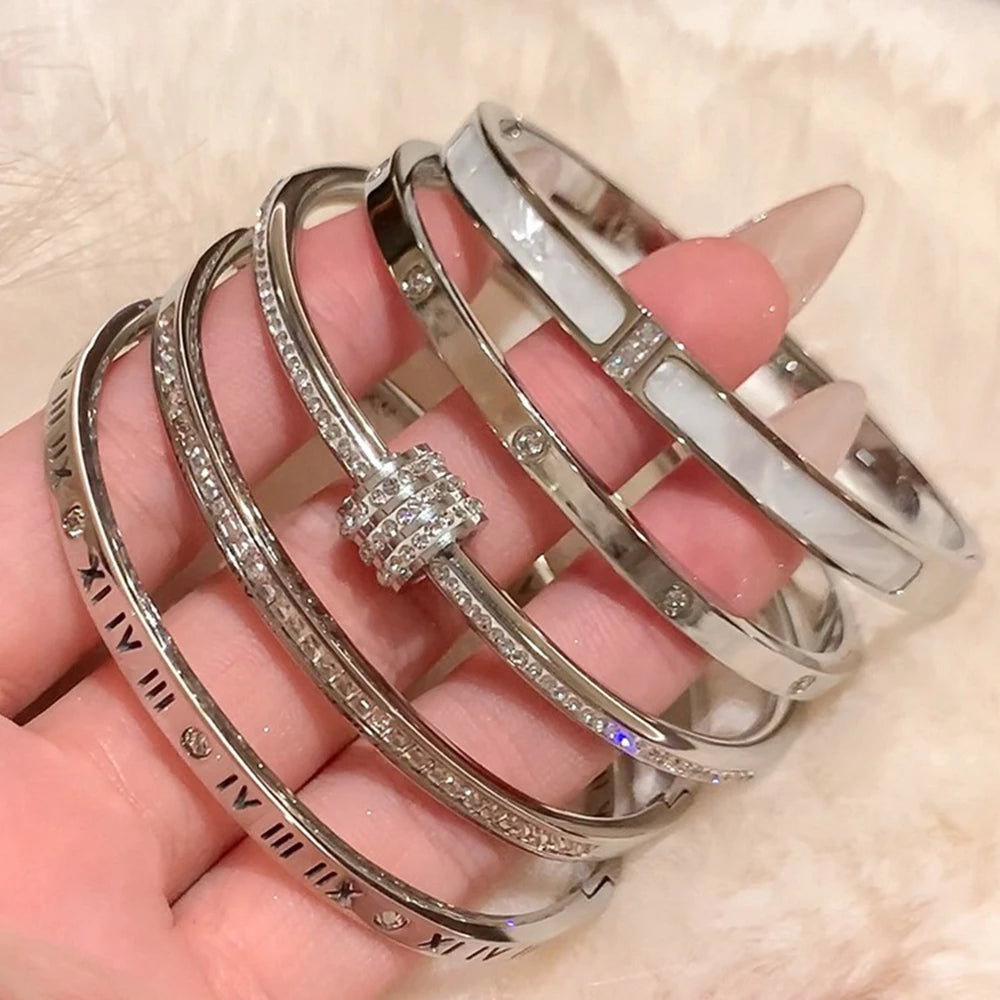Titanium Steel Silver Bracelet - Classic Zircon Inlaid Bangle for Women