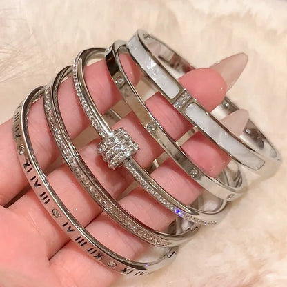 Titanium Steel Silver Bracelet - Classic Zircon Inlaid Bangle for Women