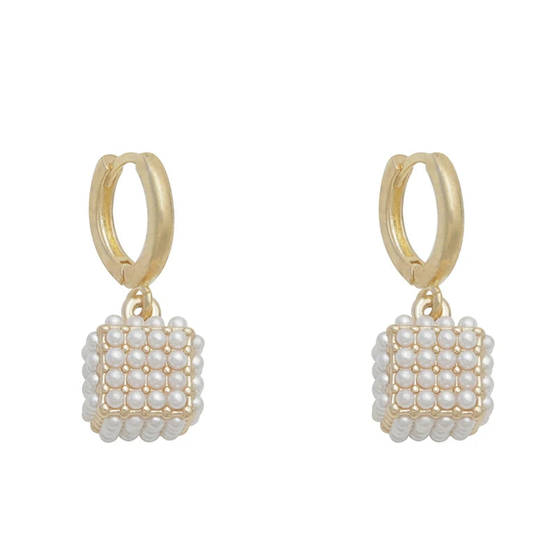 Premium Pearl Stereoscopic Square Drop Earrings — Gold Tone Luxury Fashion Jewelry