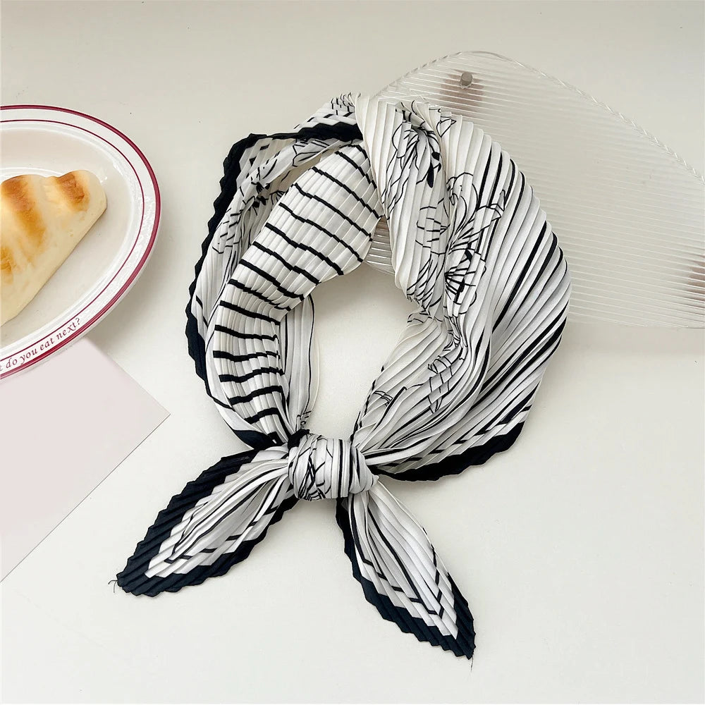 New Floral Print Pleated Silk Scarf Square Neck Scarves Crinkle Hair Bands Scarf Bandana Satin Hijab Head Wraps Neckerchief