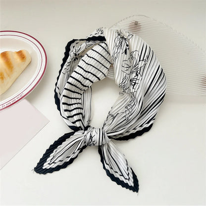 New Floral Print Pleated Silk Scarf Square Neck Scarves Crinkle Hair Bands Scarf Bandana Satin Hijab Head Wraps Neckerchief