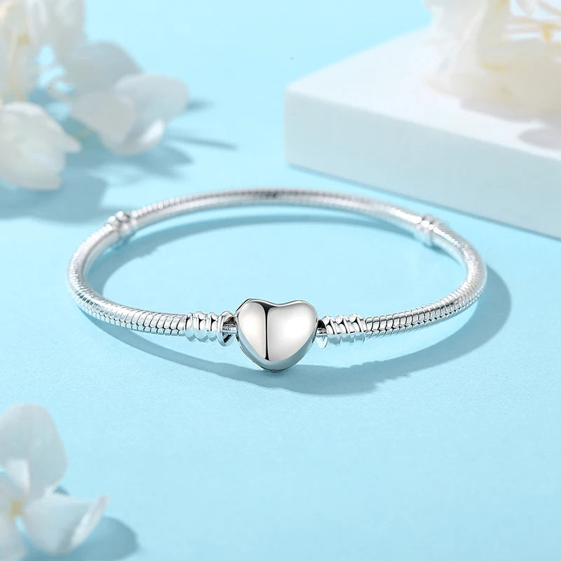 Sterling Silver Rose Gold Heart Charm Bracelet - Snake Chain Bangle